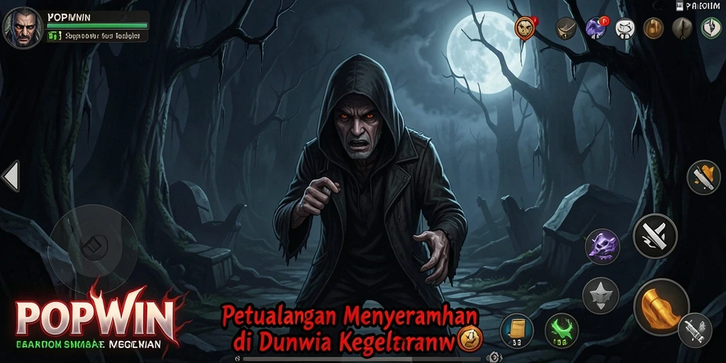 Tampilan gameplay POPWIN dengan suasana yang mencekam dan misterius.