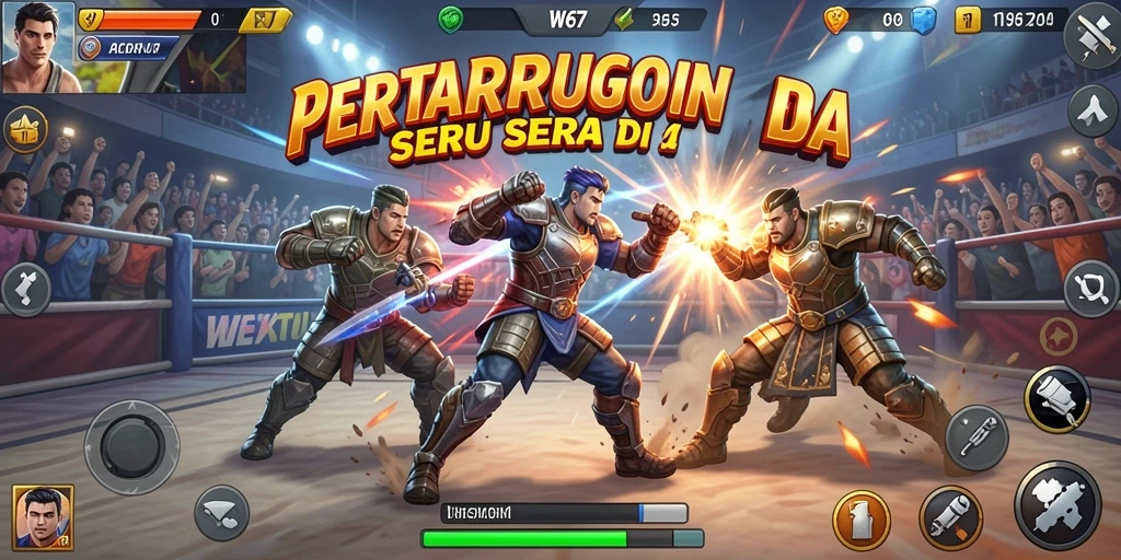 Tampilan gameplay W67 saat pertarungan seru di arena.