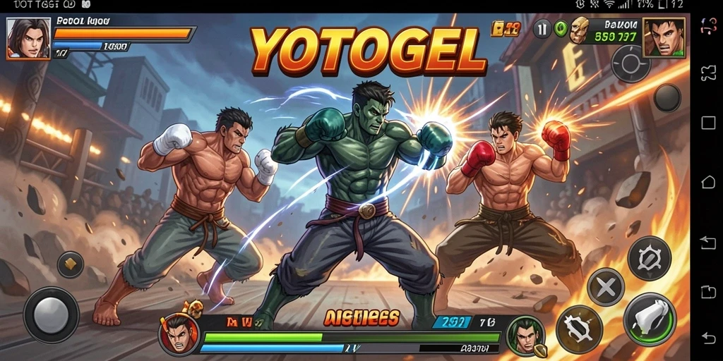 Tampilan screenshot utama YOTOGEL menampilkan aksi pertarungan seru dengan karakter beragam.